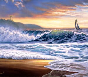 Beach Sunset Lighthouse Giclee Print on Wrapped Canvas by Artist Russell Cobane