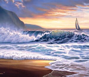 Ocean Sunset Sailboat Giclee Print on Wrapped Canvas by Artist Russell Cobane