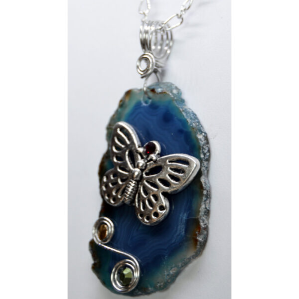 Blue Agate Slice Butterfly Pendant