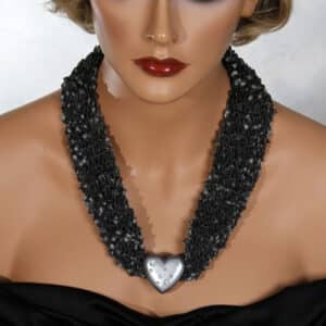 Charcoal Gray Silver Heart Scarf Necklace