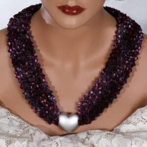 Purple Pink Silver Heart Bead Scarf Necklace