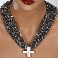 Taupe Gold Cross Bead Scarf Necklace