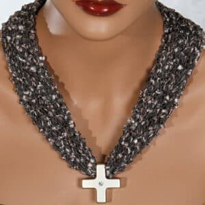 Taupe Gold Cross Bead Scarf Necklace