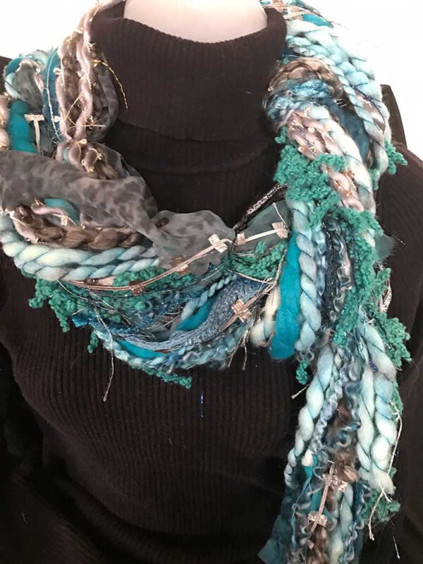 Turquoise Ribbon Yarn Animal Print Scarf