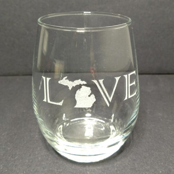 Engraved Stemless Wine Glass Michigan Love
