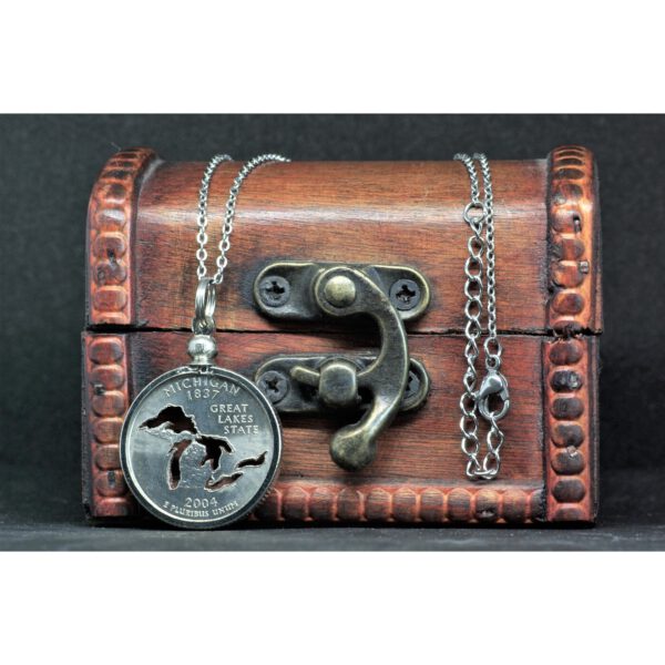Great Lakes Michigan Quarter Necklace on Treasure Chest
