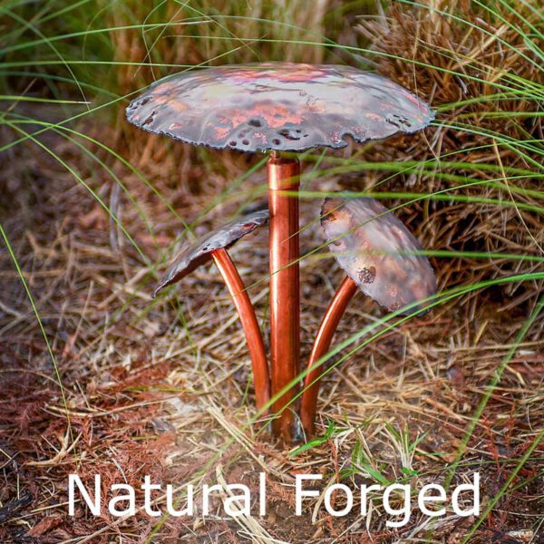 Three Mushroom Caps Copper LED Landscape Light Naturally Forged
