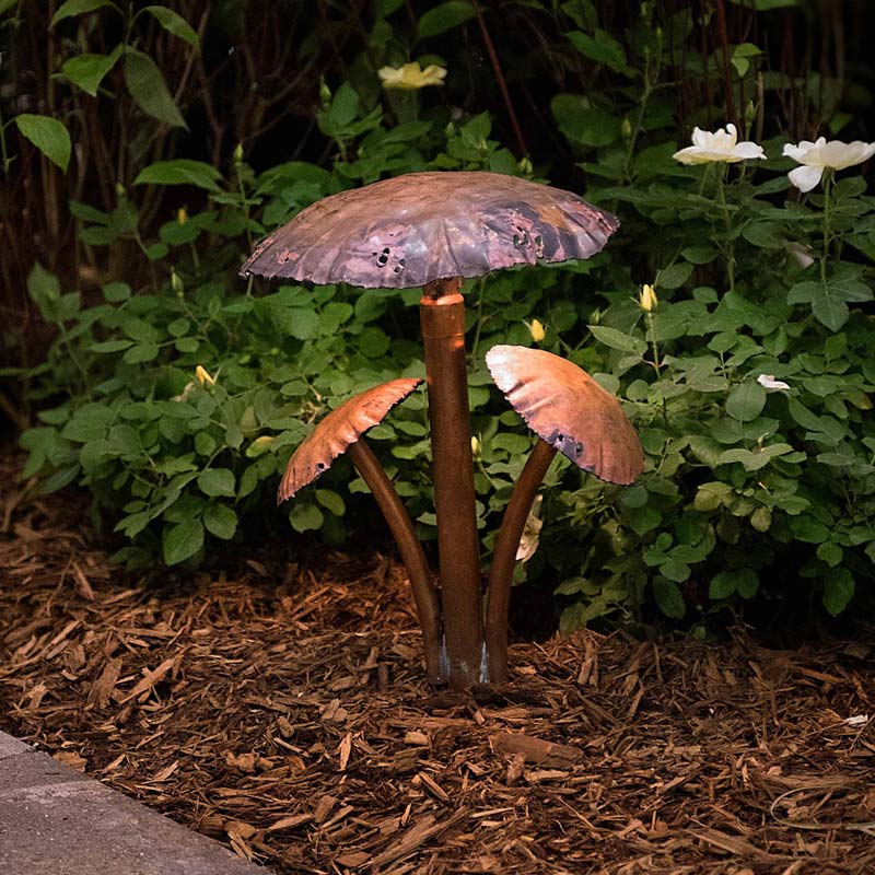 Three Mushroom Caps Copper LED Landscape Light