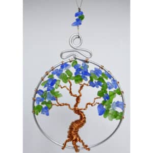 Tree of Life Suncatcher Rear View Mirror Ornament Blue Green Glass Copper Wire