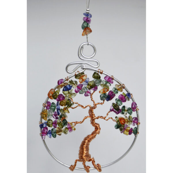 Tree of Life Suncatcher Rear View Mirror Ornament Multi Colored Glass Copper Wire