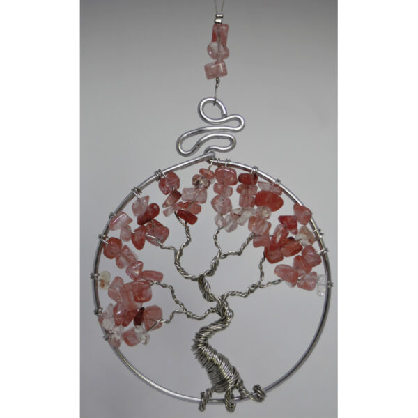 Tree of Life Suncatcher Rear View Mirror Ornament Cherry Quartz Silver Wire
