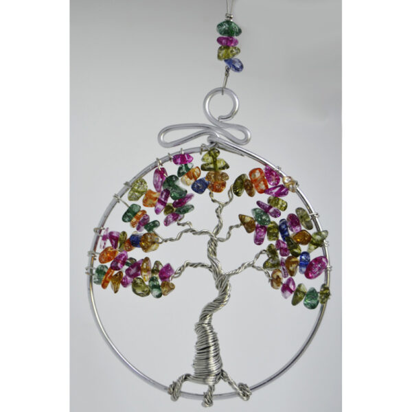 Tree of Life Suncatcher Rear View Mirror Ornament Multi Colored Glass Silver Wire