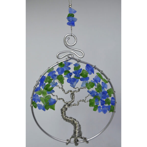 Tree of Life Suncatcher Rear View Mirror Ornament Blue Green Glass Silver Wire