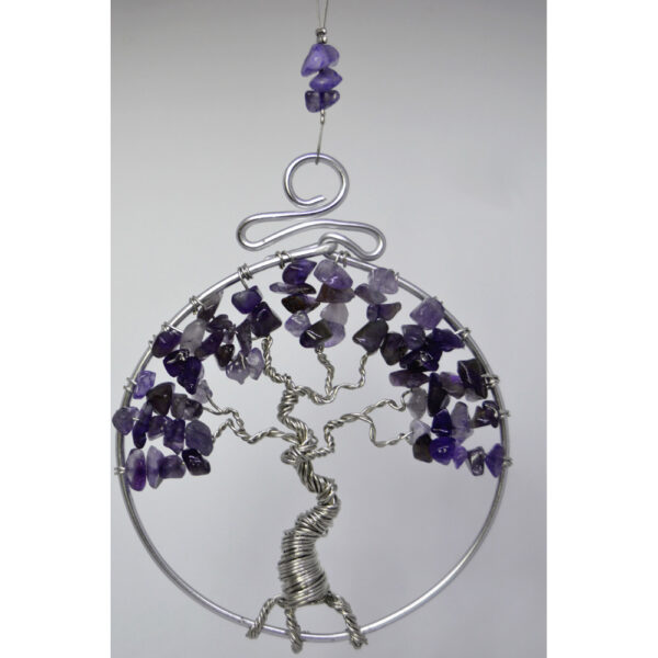 Tree of Life Suncatcher Rear View Mirror Ornament Amethyst Silver Wire