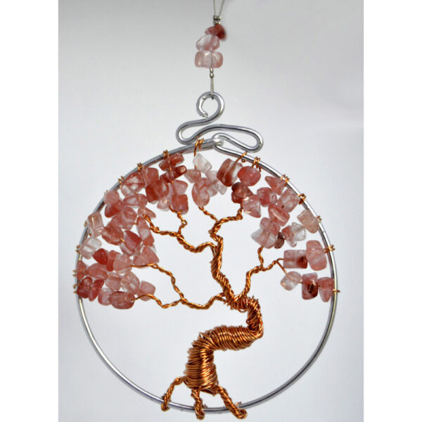 Tree of Life Suncatcher Rear View Mirror Ornament Cherry Quartz Copper Wire