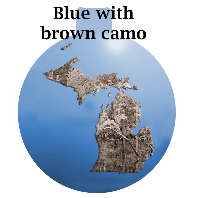 Metal Michigan Ornament - Blue sky with Brown Camo Michigan