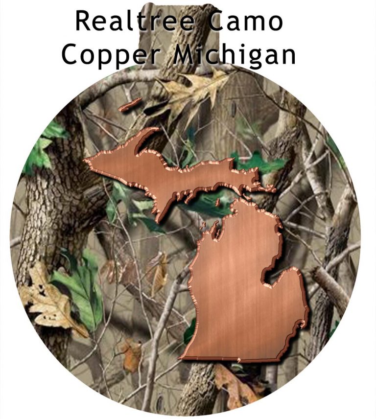 Metal Michigan Ornament - Realtree Camo with Copper Michigan