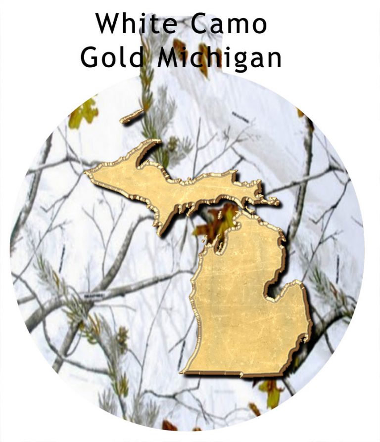 Metal Michigan Ornament - White Camo with Gold Michigan
