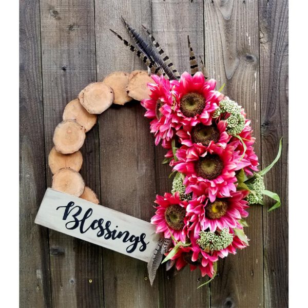 Fall Blessings Wreath 19 inch Willow Slice Red Sunflowers