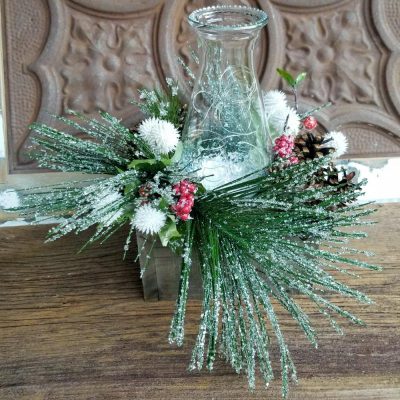 Holiday Centerpiece Iced Greenery Pinecones Glass Chimney