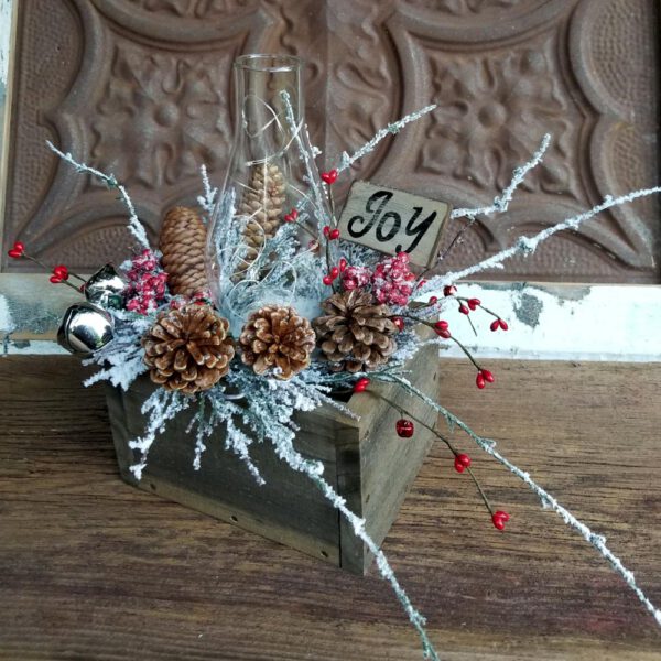 Joy Holiday Centerpiece Snowy Branches Pinecones Glass Chimney