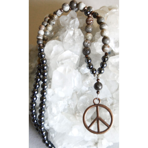 Hematite and Petoskey Stone Necklace with Copper Peace Sign