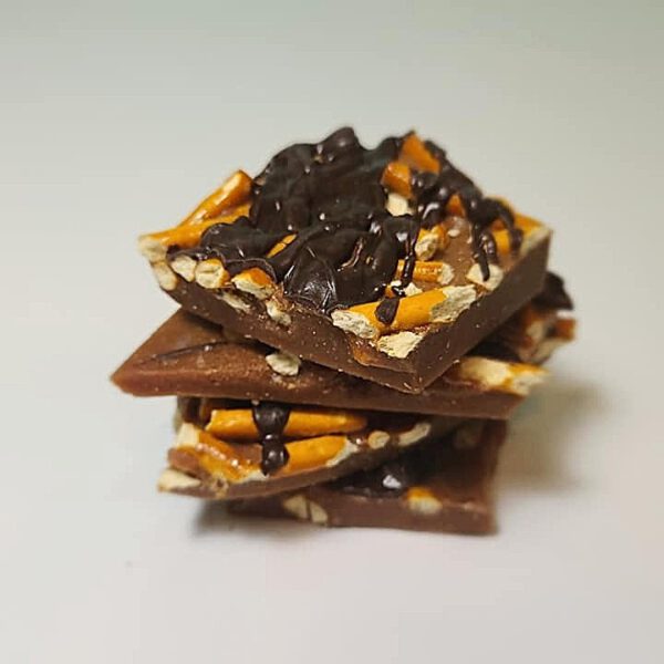 Chocolate Sea Salt Toffee with drizzled chocolate and pretzels