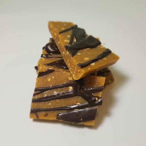 Peanut Butter Toffee with drizzled chocolate and Salty Virginia Peanuts