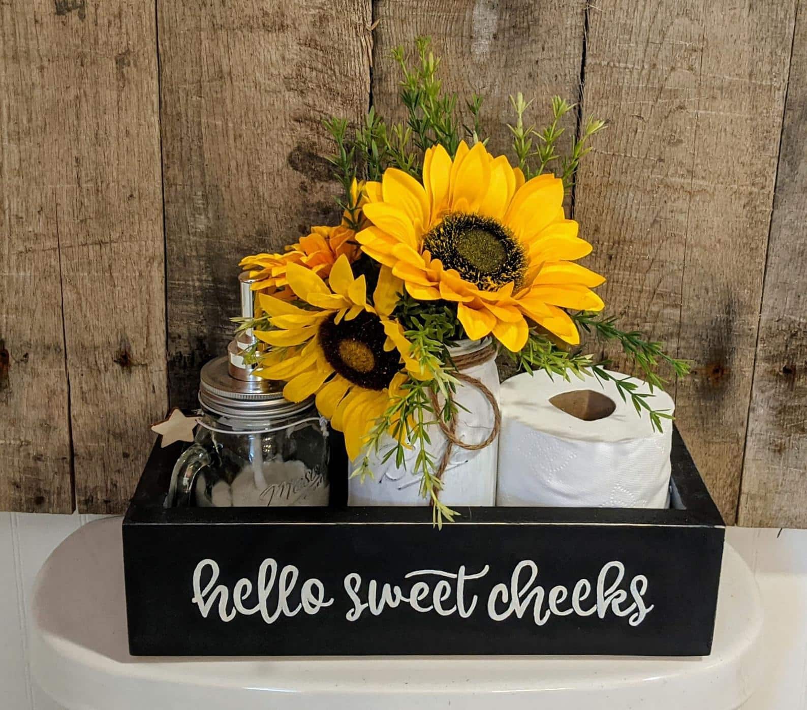  Acrylic Bathroom Tray for Counter Toilet Paper Basket 2 Side  with Funny Saying Hello Sweet Cheeks Bathroom Box Black Toilet Tank Tray  Countertop Organizer Farmhouse Decor for Tissues Candle Soap Towel 