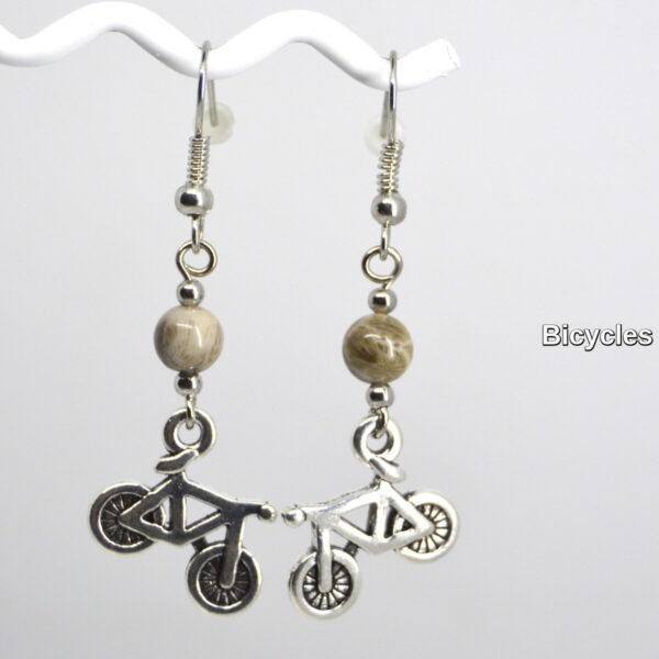 Silver Bicycle Charm Petoskey Stone Dangle Earrings