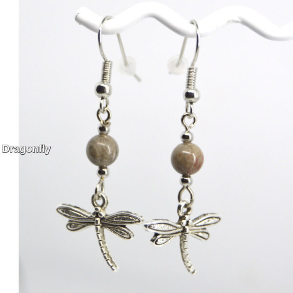 Silver Dragonfly Charm Petoskey Stone Dangle Earrings