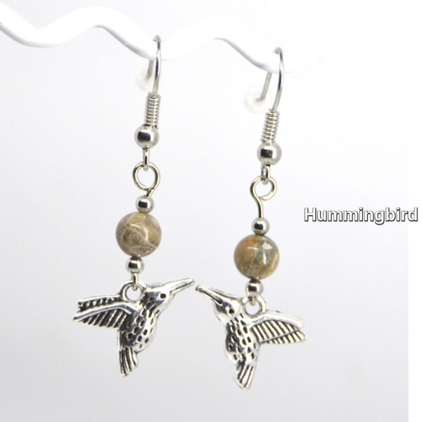 Silver Hummingbirds Charm Petoskey Stone Dangle Earrings