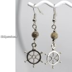 Silver Shipswheel Charm Petoskey Stone Dangle Earrings