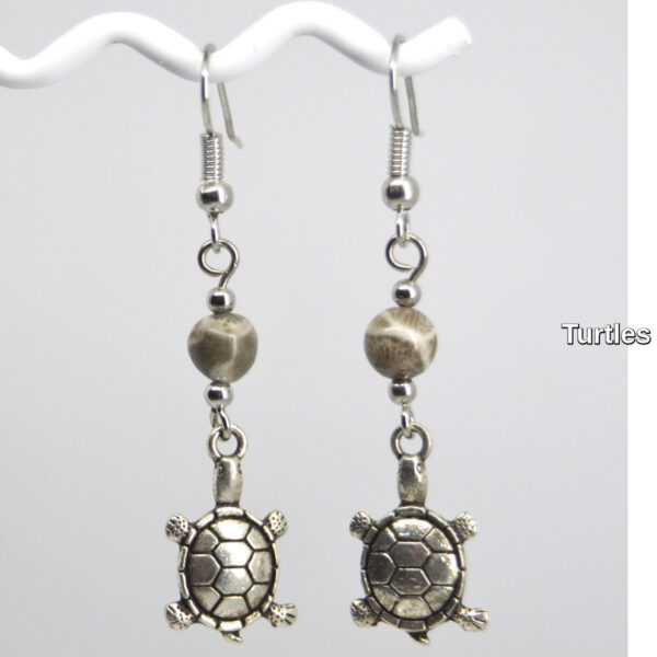 Silver Turtle Charm Petoskey Stone Dangle Earrings
