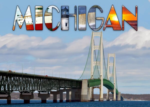 Mackinac Bridge with Michigan Text Cutting Board