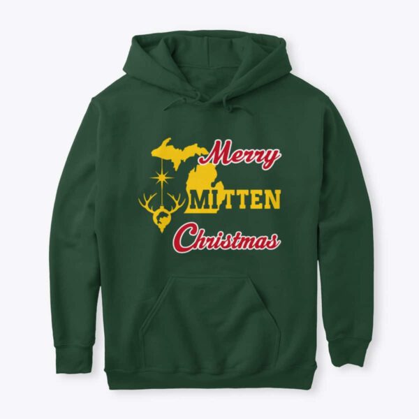 Merry Mitten Christmas Hoodie Forest Green Gold
