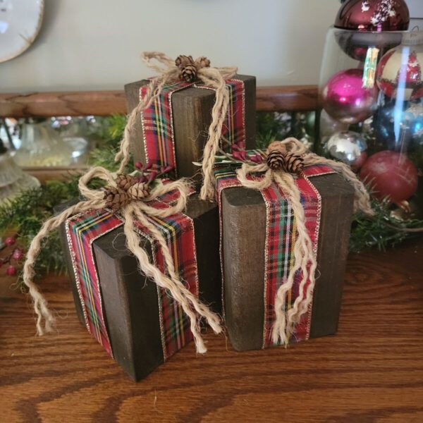 Wood Gift Boxes Stained Walnut Red Green Plaid