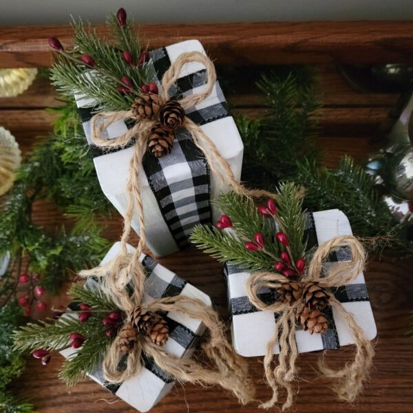 Wood Holiday Gift Boxes Distressed White Black Buffalo Plaid