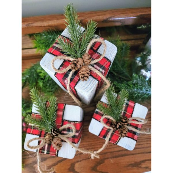 Wood Holiday Gift Boxes Distressed White Red Plaid Bow