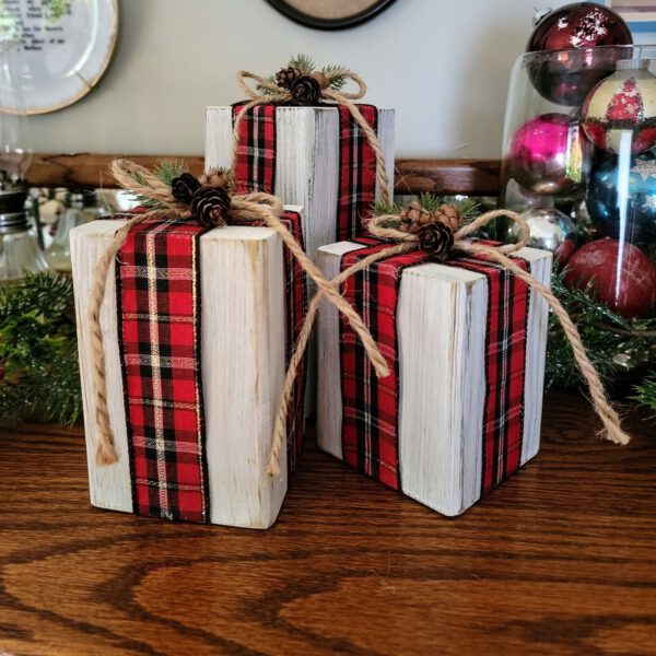 Wood Gift Boxes Distressed White Red Plaid Bow
