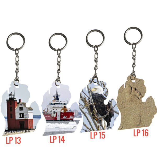 Wooden Michigan Shape Keychains with Scenic Photo LP13, LP14, LP15, LP 16