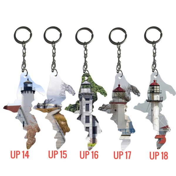 Wooden Upper Michigan Shape Keychains with Scenic Photo UP 9, UP 14, UP 15, UP 16, UP 17, UP 18