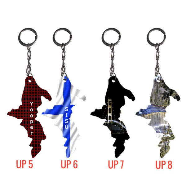 Wooden Upper Michigan Shape Keychains with Scenic Photo UP 15, UP 6, UP 7, UP 8