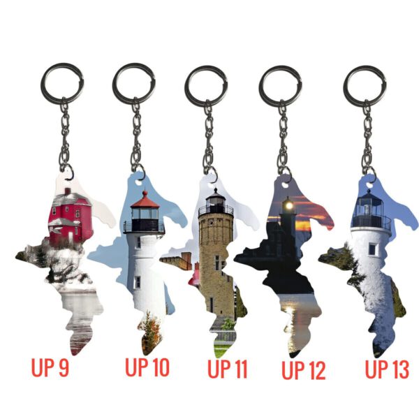 Wooden Upper Michigan Shape Keychains with Scenic Photo UP 9, UP 10, UP 11, UP 12, UP 13