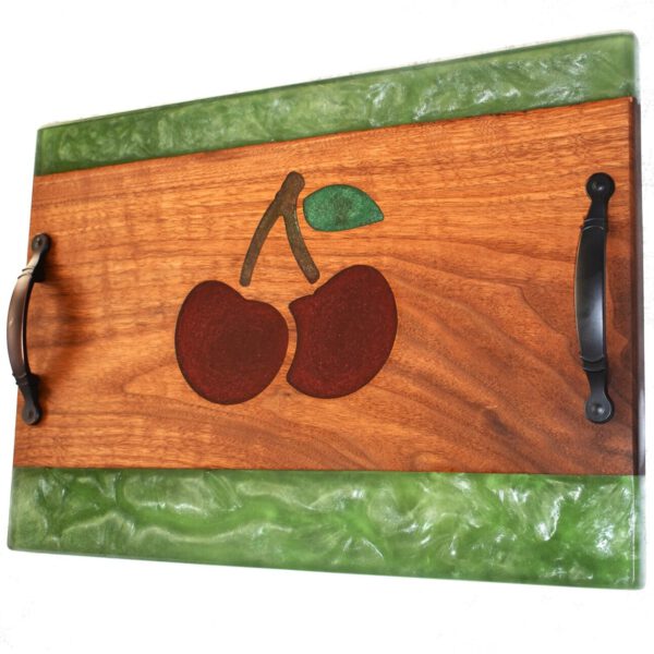 Walnut Charcuterie Board Sage Green Epoxy Cherry Inlay Bronze Handles