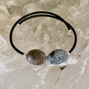 Petoskey Stone and Leland Blue Memory Wire Bracelet Oval Stones Black Rubber