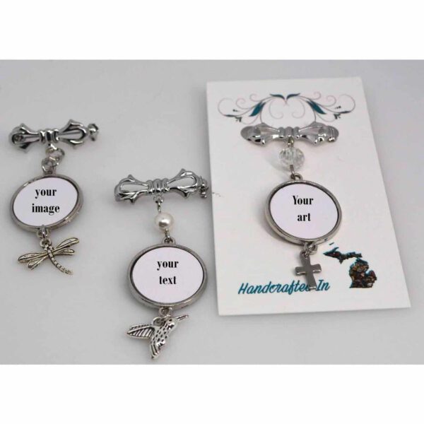Bow Brooch Pin with Charm your image text art