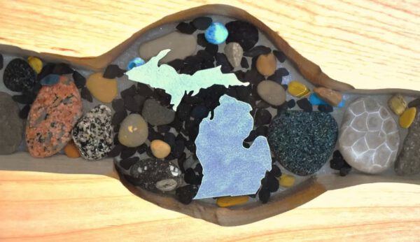 Michigan Charcuterie Board with silver Michigan inlay epoxy river of Michigan stones