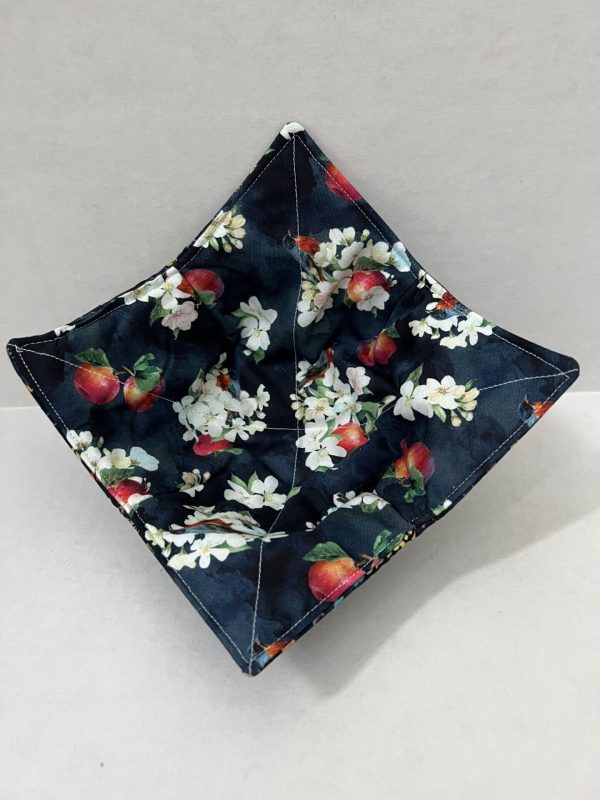 Microwave Bowl Holder Cozy Hot Pad Dark Blue Apple Blossoms