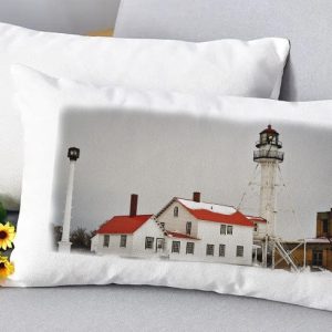 Michigan Lighthouse Lumbar Pillow Whitefish Pt Winter